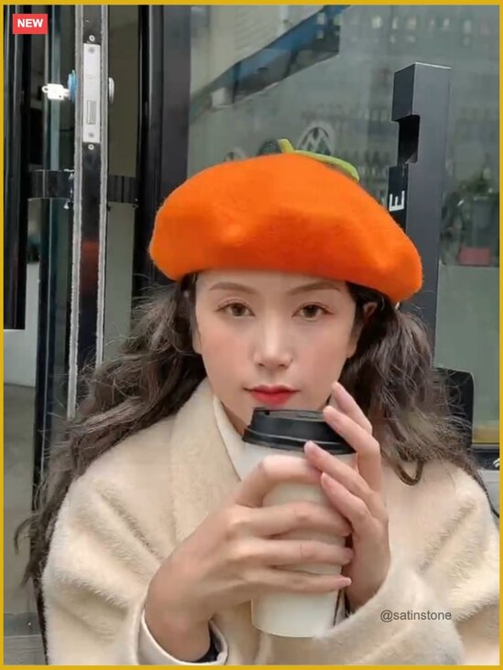 Wool Blend French Beret Hat with Leaves Adjustable Autumn Winter